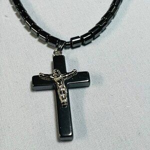 Hematite Beaded Cross Pendant Necklace